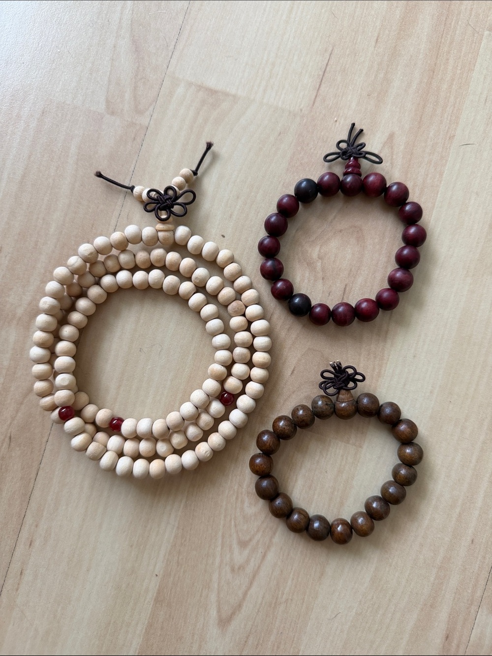 Set of 3 Natural Wood Mala Bead Necklace & Bracelets